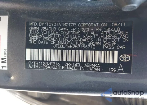 2011 Toyota Corolla Le from USA, damaged, VIN JTDBU4EE2B9156712
